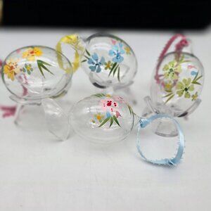 Hand-Painted Floral Clear Glass Hanging Egg Ornaments - Set Of 4
